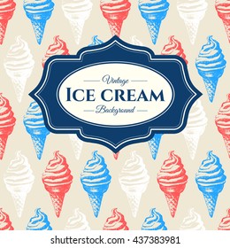 Seamless food background with colorful sketch cone ice cream. Vector illustration with sorbet. Sweet dessert. Menu pattern in vintage style.