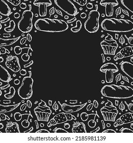 El fondo de la comida es impecable. Enfoque alimentario vector Doodle con lugar para texto. Ilustración de alimentos en blanco y negro