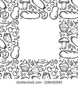 Seamless food background. Doodle vector food frame with place for text. Black and white food illustration