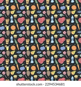 Seamless food background. Drawing food pattern