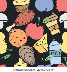 Seamless food background. Drawing food pattern