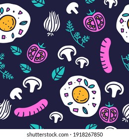 El fondo de la comida es impecable. Patrón dibujado en colores llamativos con tomates, setas, huevos, hierbas para la cocina o el menú