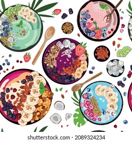 Seamless food background with Healthy vegan dishes,smoothie bowls on a white background with options for toppings,acai, spirulina,berries, nuts,banana and other healthy ingredients.Vector illustration