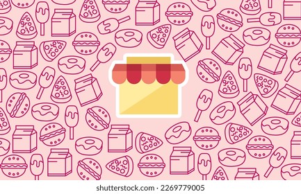 Seamless food background pink   cute  Junk food icons store  ice cream  burger  milk  donut  pizza