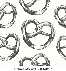Seamless food background with pretzel. Fresh organic products. Vector illustration. Hand-drawn pattern on white background.