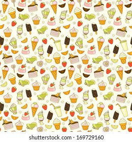 Seamless food background with sweets, ice-cream, cake and coffee 