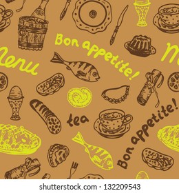 Seamless food bright pattern on the beige background in vector