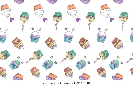 Seamless food cupcake pattern on white background