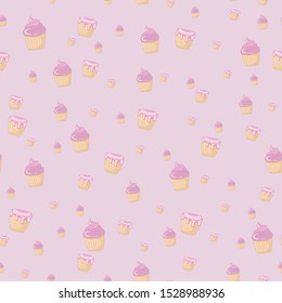 Seamless food decoration pattern with sweets. Muffin on pink background pattern