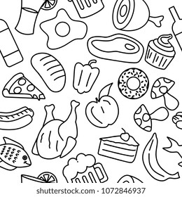 Seamless food doodle hand drawn line art. 