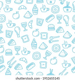 Patrón de doodle de comida sin foco con color azul