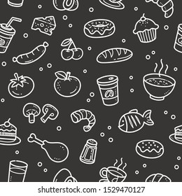 Seamless food, drink and fruit pattern, Black and white repeating doodle vector food, drink and fruit background drawn over chalkboard.