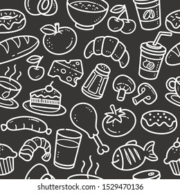 Seamless food, drink and fruit pattern, Black and white repeating doodle vector food, drink and fruit background drawn over chalkboard.