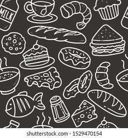 Seamless food and drink pattern, Black and white repeating doodle vector food and drink background drawn over chalkboard.