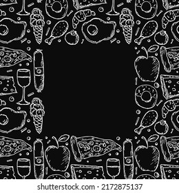 Marco de comida sin foco. Fondo de la comida con lugar para el texto. Ilustración del vector Doodle con icono alimentario