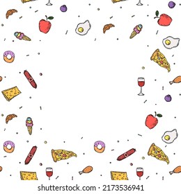 Seamless food frame. Food background with place for text. Doodle vector illustration with food icon