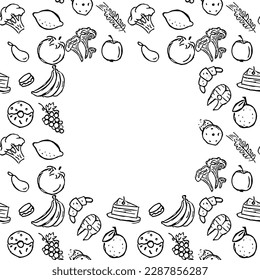 Seamless food frame. Doodle vector food illustration.  Hand-drawn food background