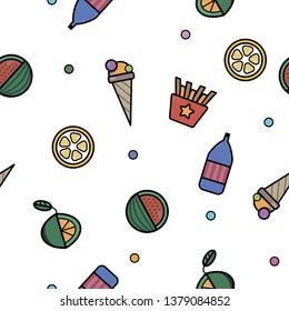 Seamless food icons pattern. Watermelon, lemon, line, ice cream cone, lemonade, frech fries icons