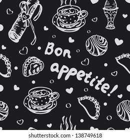 Seamless food love pattern with pastry on grey blackboard in vector