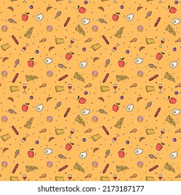 Patrón de comida sin foco. Fondo de la comida. Ilustración del vector Doodle con icono alimentario
