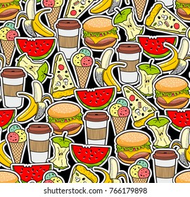Seamless food pattern. Big collection of colorful illustrations with meal.