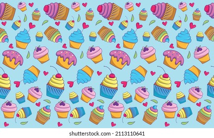 Seamless food pattern bright cupcakes on blue background