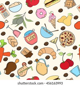 Seamless food pattern can be used for wallpaper, website background, wrapping paper. Restaurant bright pattern. Food design. Healthy food concept.