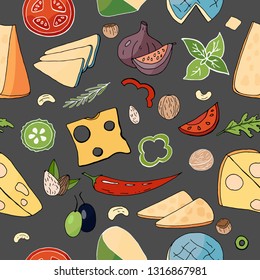 Seamless food pattern with cheese and vegetables elements. Vector doodle food pattern