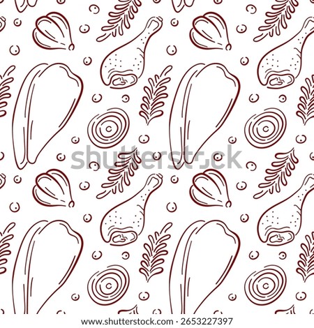 Seamless food pattern with chicken drumsticks, onion, garlic and herbs in red line art style on white background. Great for culinary packaging or cooking themed design.