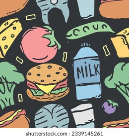 Seamless food pattern. Colored food background