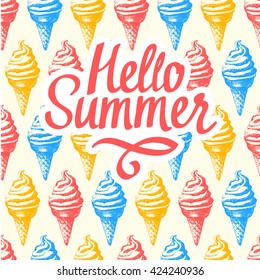 Seamless food pattern with colorful sketch cone ice cream. Vector illustration with sorbet. Sweet dessert. For menu in vintage style. Hello summer.