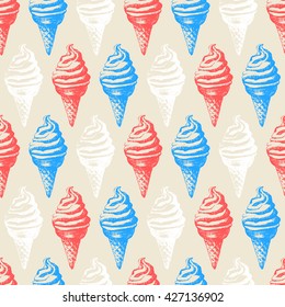Seamless food pattern with colorful sketch cone ice cream. Vector illustration with sorbet. Sweet dessert. Vintage style.