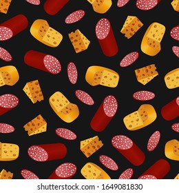 Seamless food pattern design with salami and cheese on black background. Food background with cheeses and salami