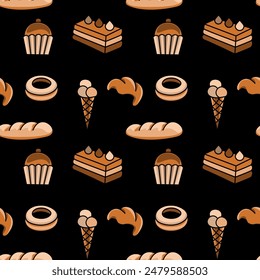 Seamless food pattern with different types of bakery. Vector illustration 