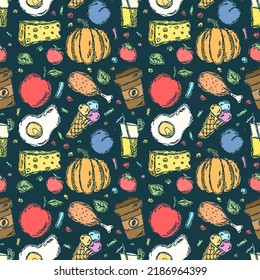 Patrón de comida sin foco. Fondo de comida Doodle. Ilustración alimentaria