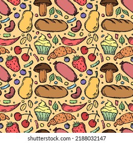 Seamless food pattern. Doodle food background. Food illustration