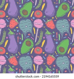 Patrón de comida sin foco. Fondo de comida Doodle. Ilustración alimentaria