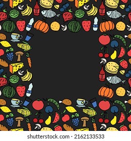 Nahtlose Nahrungsmuster. Doodle-Muster mit Essenssymbolen und Platz für Text. Lebensmittelhintergrund