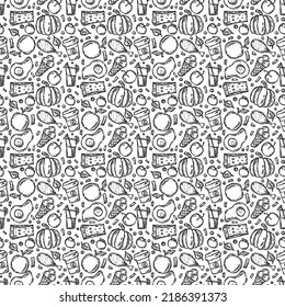 Patrón de comida sin foco. Fondo alimentario vectorial de Doodle. Ilustración de alimentos en blanco y negro