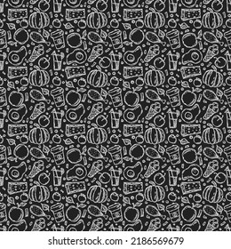 Seamless food pattern. Doodle vector food background. Black and white food illustration