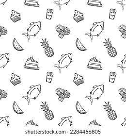 Seamless food pattern. Doodle vector food illustration.  Hand-drawn food background