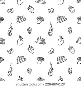 Seamless food pattern. Doodle vector food illustration.  Hand-drawn food background