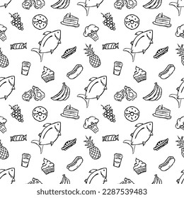 Seamless food pattern. Doodle vector food illustration.  Hand-drawn food background