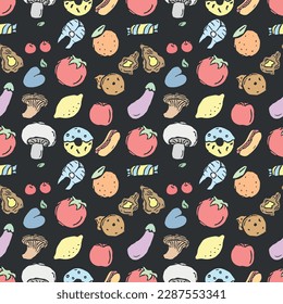 Seamless food pattern. Doodle vector food illustration.  Hand-drawn food background