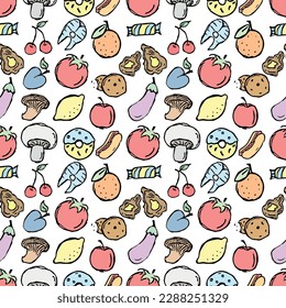 Seamless food pattern. Doodle vector food illustration.  Hand-drawn food background