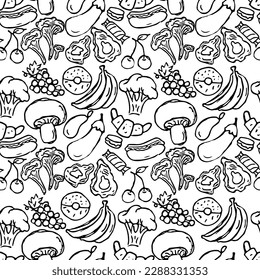 Seamless food pattern. Doodle vector food illustration.  Hand-drawn food background