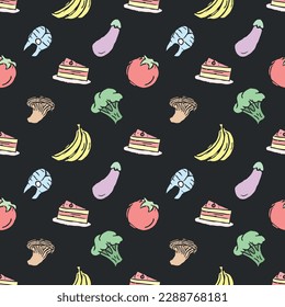 Seamless food pattern. Doodle vector food illustration.  Hand-drawn food background