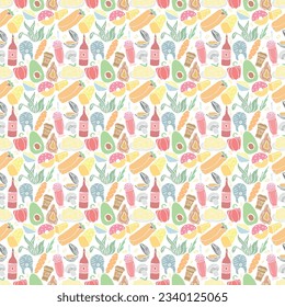 Seamless food pattern. Drawn food background