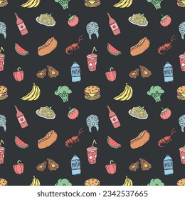 Seamless food pattern. Drawn food background