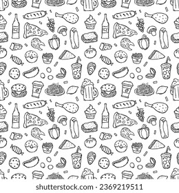 Patrón de comida sin foco. Fondo de la comida del doodle dibujado